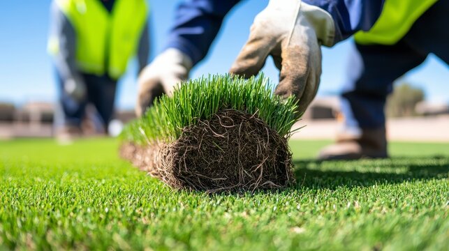 Workers installing a sod roll on a sunny day. Close up view of hands placing fresh green grass