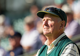 Experienced golf coach wearing a green cap and vest, observing players during a professional tournament, showing a thoughtful expression