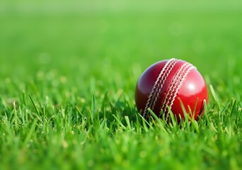 Shiny red cricket ball lying on a vibrant green grass field, ready for action