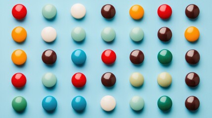 Colorful Circular Objects Arranged in a Pattern on Light Blue Background