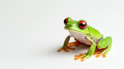 Obraz premium Vibrant green frog with striking red eyes sits on a plain white background. Close up studio shot