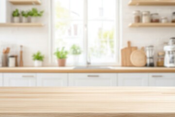 Wooden kitchen table top with a smooth surface, ideal for product display, set against a blurred modern interior background to create a clean and stylish presentation.