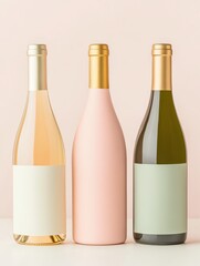 Minimalist Packaging Design Three bottles of wine arranged stylishly on a pastel background with refined minimalist wine packaging design