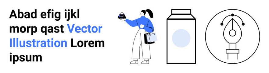 Woman holding sushi with shopping bag, product packaging carton, creative pen nib, minimal typography. Ideal for food delivery, packaging, graphic design, shopping, branding e-commerce flat landing