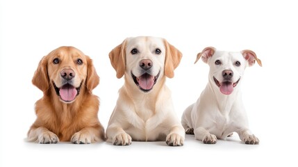 Obraz premium Three dogs of different breeds lie down together against a white background. Golden retriever, yellow lab, and small white dog. Happy and playful