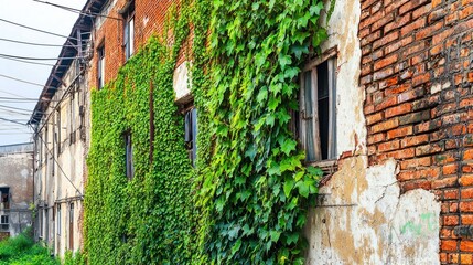 Fototapeta premium Brick building covered in ivy with worn facade and open windows