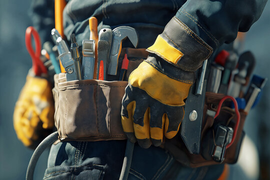 Close-up of an electrician's tool belt with various professional tools and safety gloves.