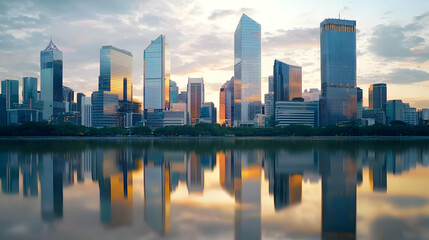 Obraz premium Modern Cityscape With Illuminated Skyscrapers Reflected In Calm Water At Sunset