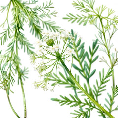 Fototapeta premium Fennel or dill flowers and leaves, for medical or culinary uses, over white background. detailed watercolor illustration