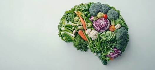 On a white background, a brain formed from vegetables embodies the concept of living a healthy lifestyle