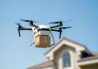 Modern drone carrying package flying over suburban house, showcasing aerial delivery technology