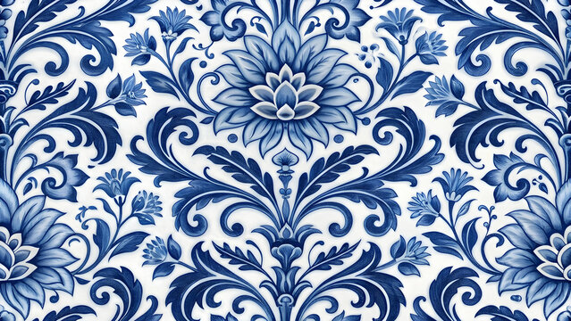 Blue and white floral damask pattern