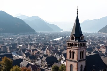 Fototapeta premium Panoramic Cityscape with Towering Church Steeple and Misty Mountains