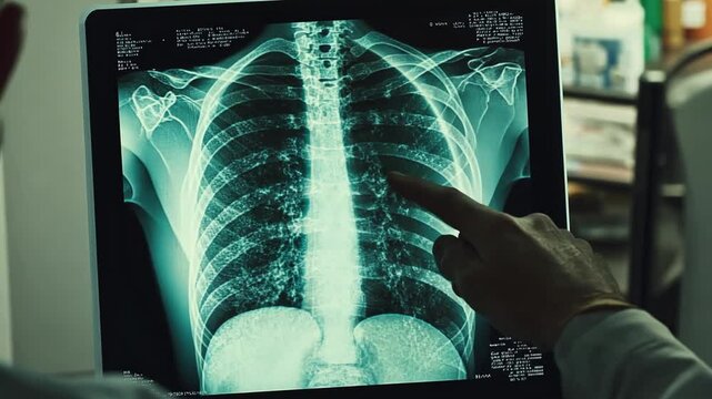 Medical professional reviewing chest x-ray on monitor for diagnosis, healthcare scene