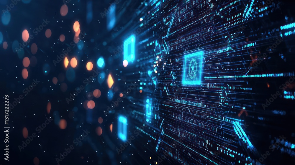 Poster abstract digital technology background with blue glowing circuitry and bokeh effect