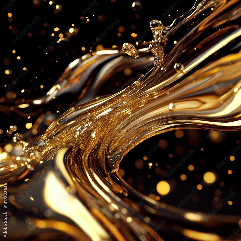 Poster golden liquid in dynamic motion, creating swirling patterns and splashes