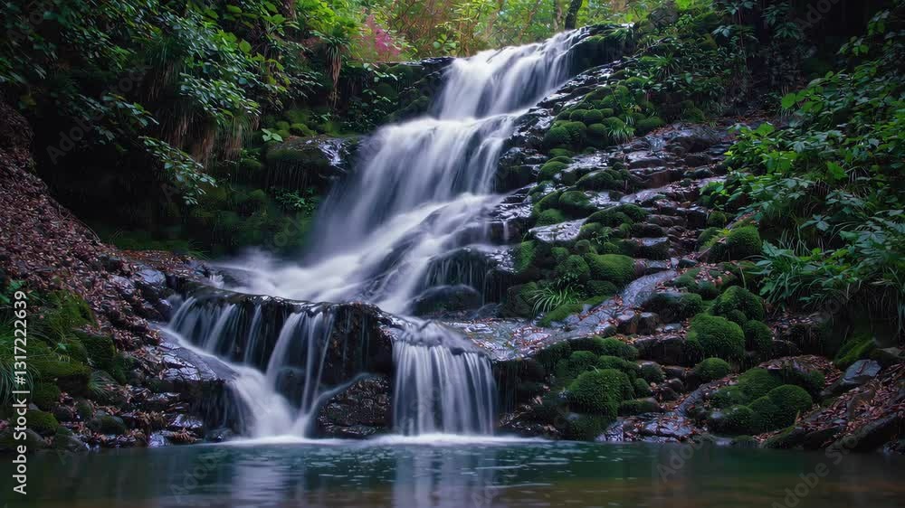 Poster relaxing waterfall cascading over rocks in a serene forest setting during daytime