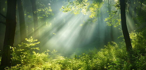 Obraz premium A tranquil forest landscape bathed in sunlight, where rays filter through the leafy green canopy, creating a serene and calming atmosphere.