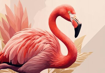 Fototapeta premium Vibrant pink flamingo surrounded by tropical foliage in a serene setting
