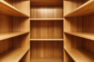 Empty light wooden shelves extend into the distance, creating a symmetrical perspective