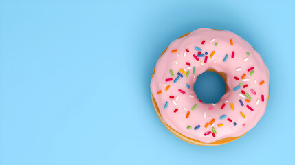 A donut with pink glaze and colored sprinkles on a blue background. Flat lay, an empty space for text.