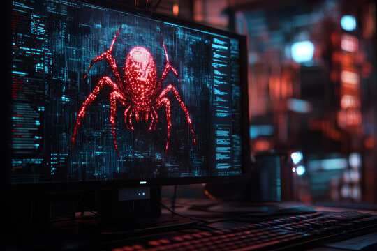 a computer monitor with an alarming image of a digital red spider, which symbolizes a computer virus, hacker attack or malware.  