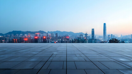 Panoramic Twilight View of Illuminated City Skyline with Empty Concrete Plaza in the Foreground