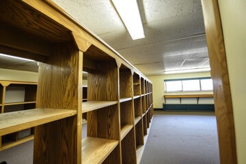 Fototapeta premium Empty wooden bookshelves in a vacant room with bright window light