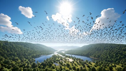 A large flock of birds flying over a lush green forest.