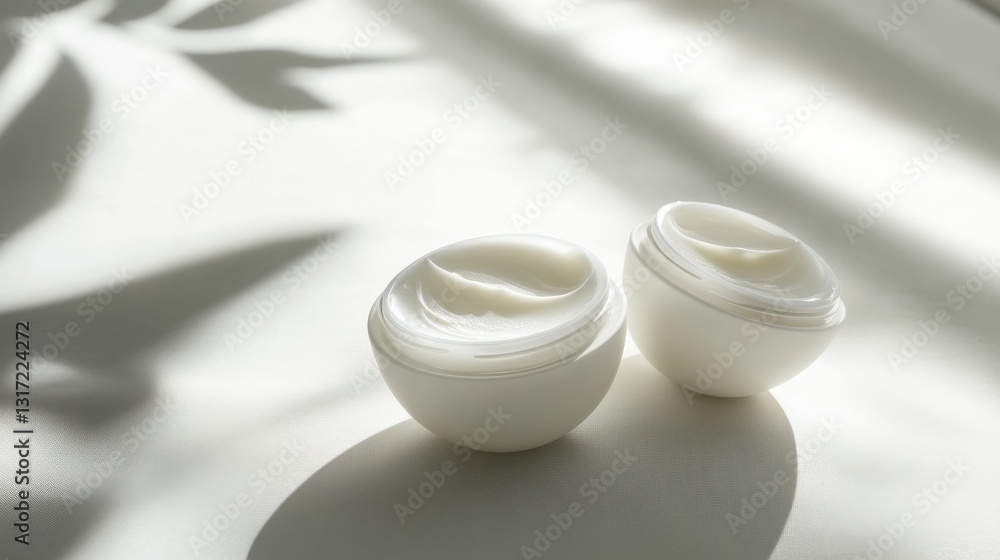 Poster two elegant cream containers on a soft surface with gentle shadows creating a serene atmosphere