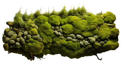 Green Moss Texture Natural Background with Plants and Stones, Botanical Decor for Walls, isolated on transparent background.