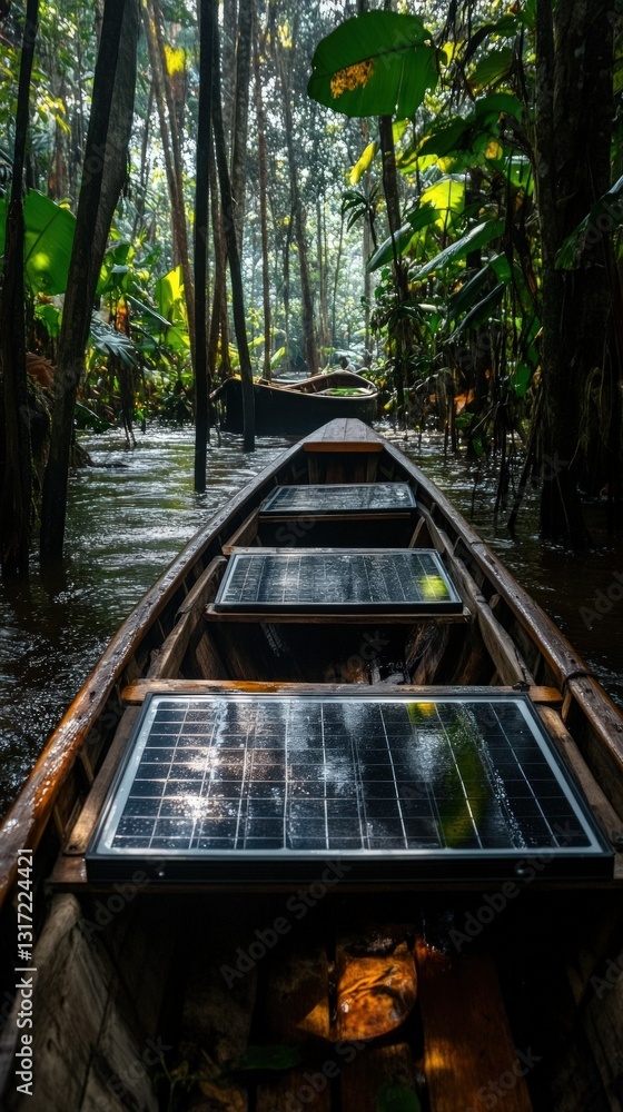 Poster generic boat navigating calm water with sunlit reflections through dense forest canopy creating sere