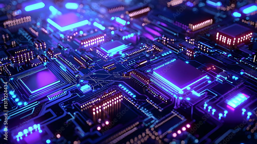 Poster a futuristic circuit board in purple and blue with glowing lights and intricate details on a dark ba
