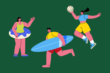 People enjoying summer activities at the beach: playing volleyball, carrying a surfboard, and swimming with an inflatable ring. Perfect for vacation, sports, recreation, and holiday designs.