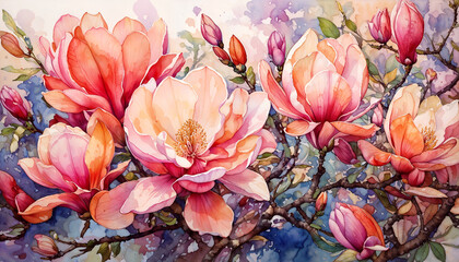 Watercolor Pink and peach flowers on pastel background, with light enhancing depth and a dreamy, tranquil effect.