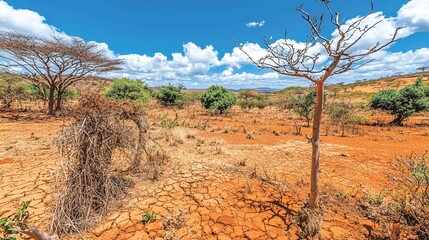 African savanna drought, cracked earth, arid landscape, trees dying, climate change