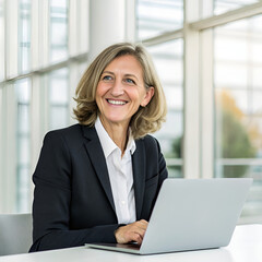 smiling businesswoman working on laptop