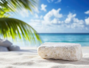A summer sand and tropical sea background featuring an abstract stone podium creates a serene setting ideal for modern product displays and creative design projects.