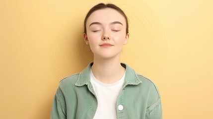 Obraz premium Serene Portrait of a Young Woman Meditating Against a Yellow Background with a Calm and Peaceful Expression