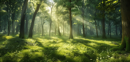 Fototapeta premium A tranquil forest landscape bathed in sunlight, where rays filter through the leafy green canopy, creating a serene and calming atmosphere.
