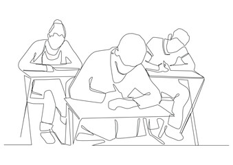 Continuous one line art of students are sitting at their desks for the exam,  offline learning concept, students adolescents without masks complete assignment or take lecture notes.