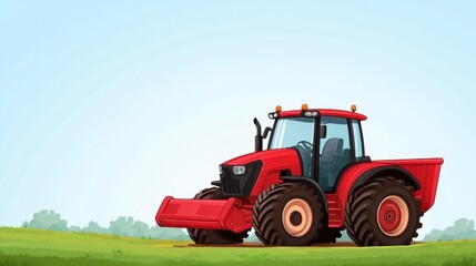 Red Tractor on Lush Green Field with Clear Blue Sky and Rolling Hills in Background