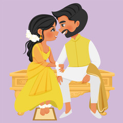 Indian Bride in Yellow Saree & Groom in Kurta &ndash; Haldi Ceremony Vector