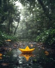 Yellow paper boat floating in puddle on forest path reflecting in water surrounded by green trees and leaves in a moody atmosphere