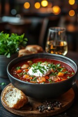 Delicious Borscht Soup with Beet and Vegetable Garnish