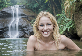 Fototapeta premium Smiling young woman with wet blonde hair enjoying a natural pool beneath a tropical waterfall. Surrounded by lush green jungle, she radiates happiness and adventure