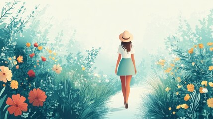 Beautiful woman walks along a serene path in a vibrant flower garden, surrounded by lush greenery and tranquility