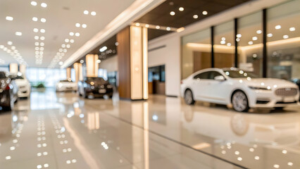 Blurred image of a modern car showroom with luxury vehicles.