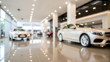 Abstract blurred image of a car showroom interior with luxury vehicles.