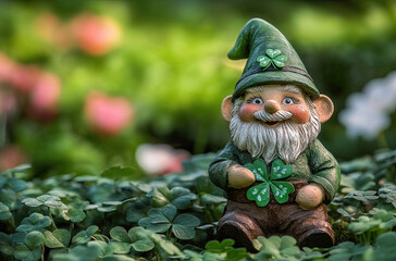 A merry gnome decorated with shamrocks, perched in a verdant garden abundant with flowers, ideal for St. Patrick's Day decoration.